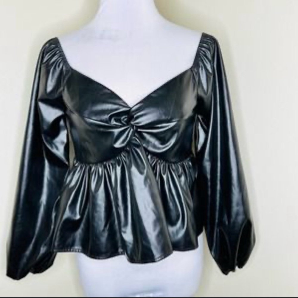 Goldie Lew Black Faux Leather Cropped Knotted Ruffle Top Long Ballon Sleeves NWT
